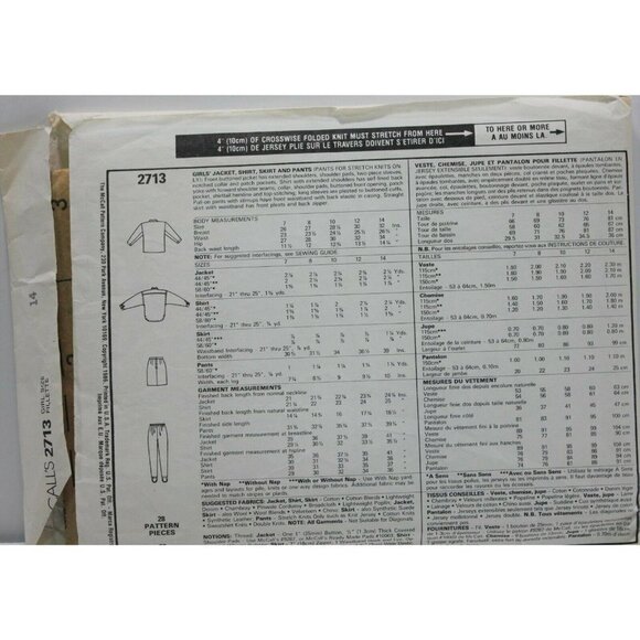 McCalls Sewing Pattern 2713 Girls Jacket Skirt Pants Size 12 VTG - Picture 2 of 2